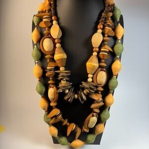 Necklace Lot Artisan Handmade Beads Turned Wood Bound in Leather